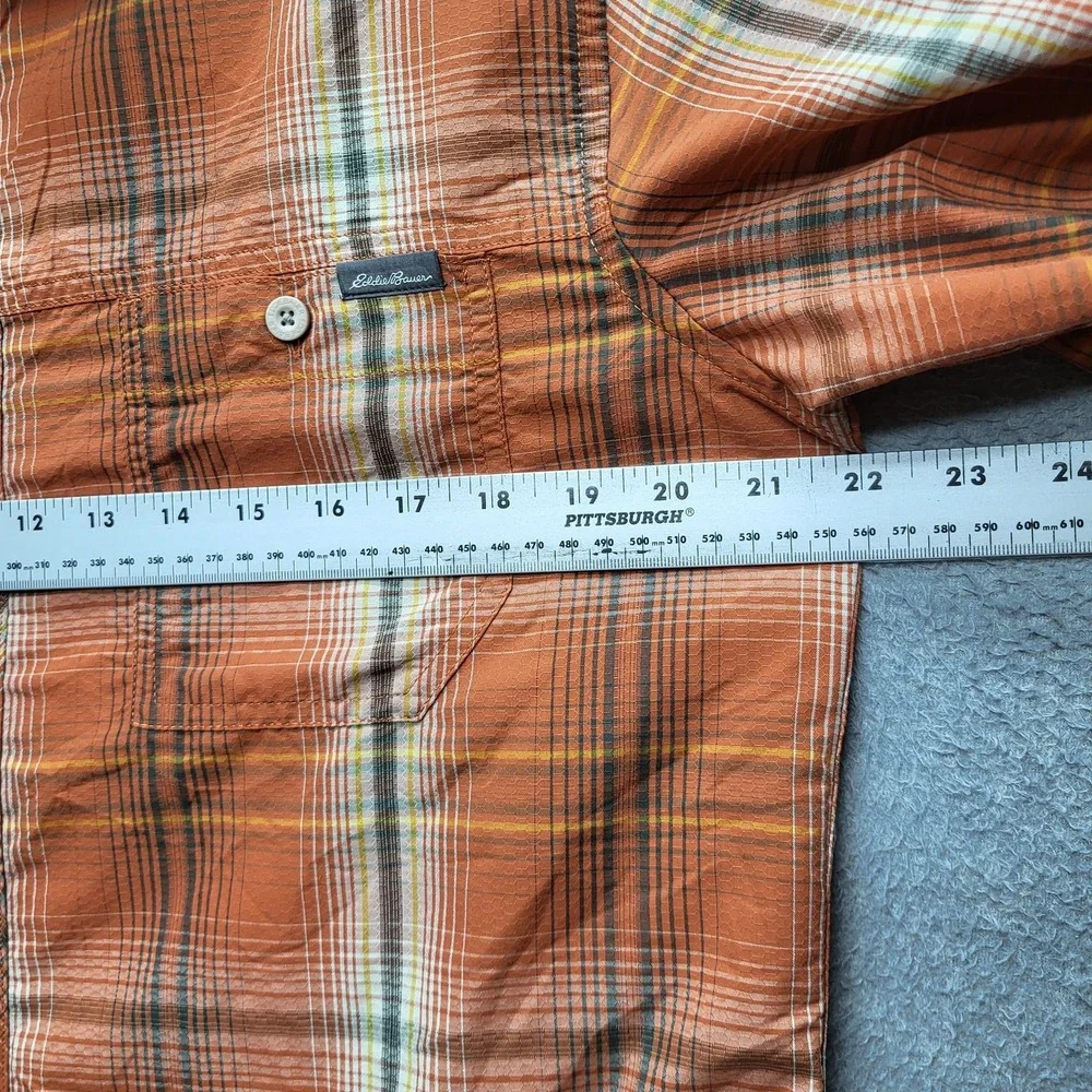 Eddie Bauer Men Button Up Shirt M Orange Nylon Travex Plaid‎ Ripstop Outdoor